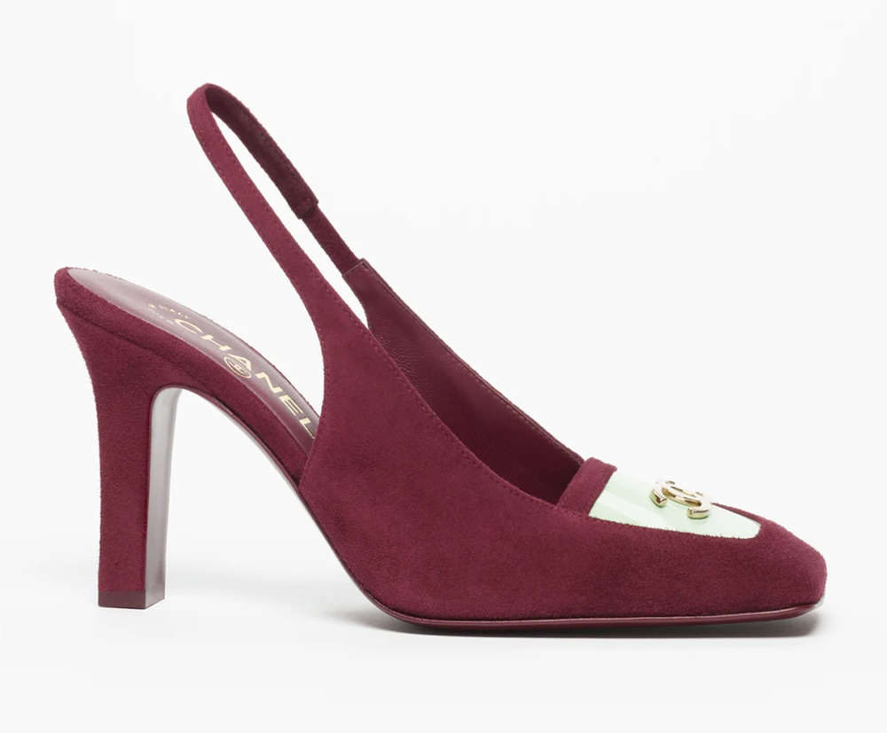 Chanel 26K Blazy Burgundy Green Square Toe CC Slingback Sling Heel Pump 41.5C